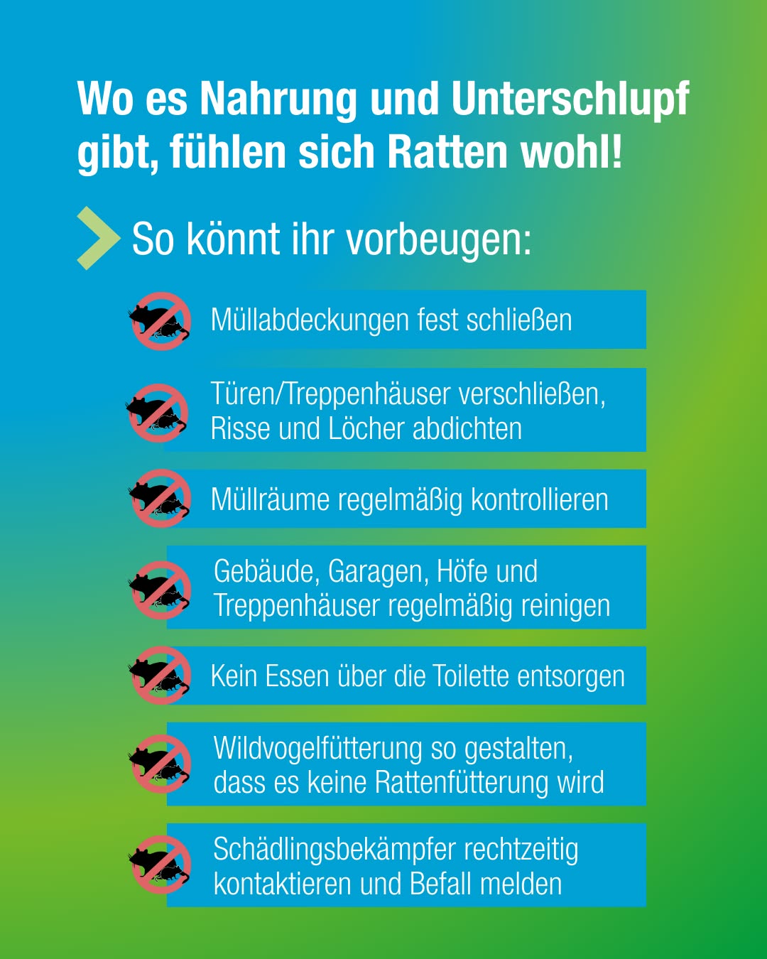 Dieser Alternativtext wurde KI-generiert: Farbiger Informationsgrafik mit dem Titel „Wo es Nahrung und Unterschlupf gibt, fühlen sich Ratten wohl!“ und Tipps zur Prävention von Rattenbefall. Mehrere kleine rote Rattenillustrationen sind zu sehen.