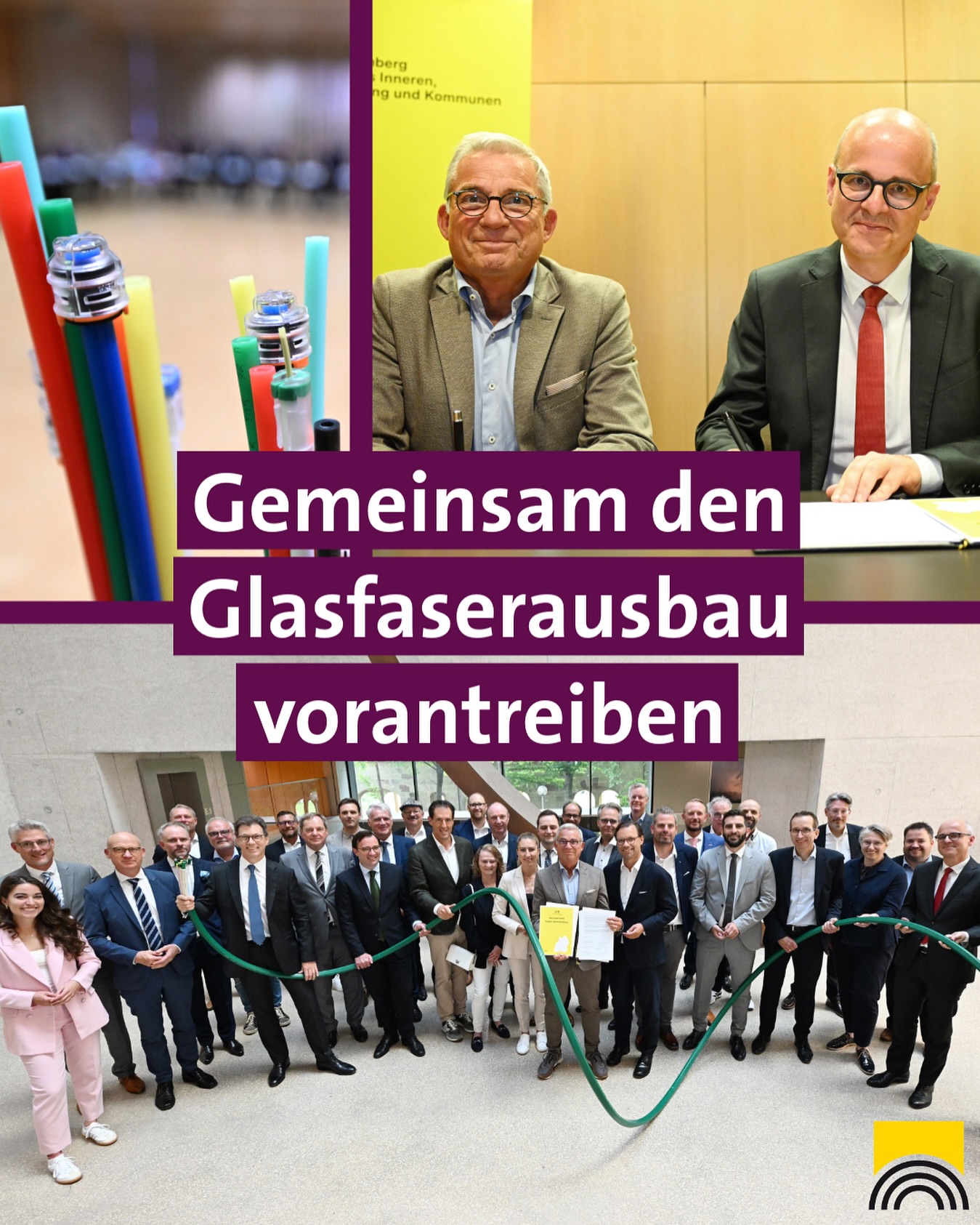 Das Bild zeigt eine Gruppe von Personen und bunte Glasfaser-Kabel. Vor ihnen steht der Text: Gemeinsam den Glasfaserausbau vorantreiben.