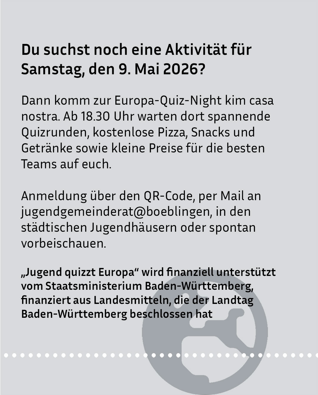 Dieser Alternativtext wurde KI-generiert: Schwarz-weißes Bild mit Text, der zu einer Quiz-Veranstaltung einlädt. Ein QR-Code zur Anmeldung ist ebenfalls abgebildet.
