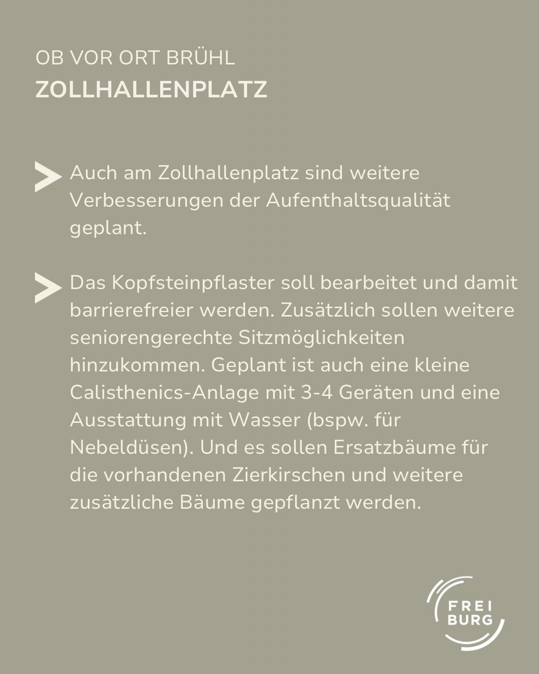 Dieser Alternativtext wurde KI-generiert: Ein Schild mit Text über geplante Verbesserungen am Zollhallenplatz. Der Text erwähnt barrierefreie Zugänge, Fitnessgeräte und neue Bäume.