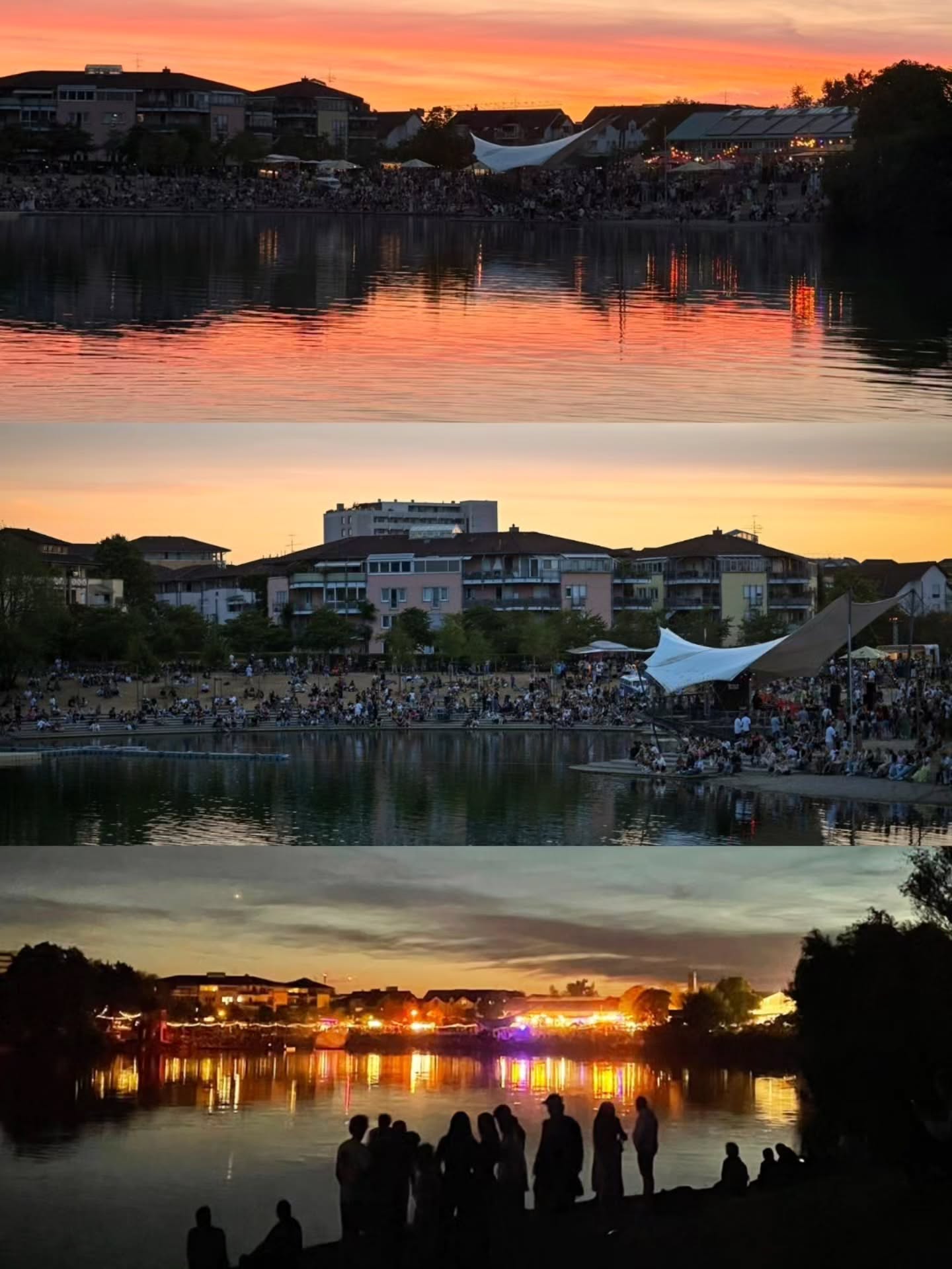 Drei Fotos zeigen den Übergang vom Sonnenuntergang zur Nacht an einem Seeufer mit vielen Menschen. Oben färbt sich der Himmel orange, in der Mitte sitzen Besucher am Ufer vor Gebäuden, und unten spiegeln sich bunte Lichter im Wasser, während Personen im Vordergrund als Silhouetten zu sehen sind. (KI-Alternativtext)