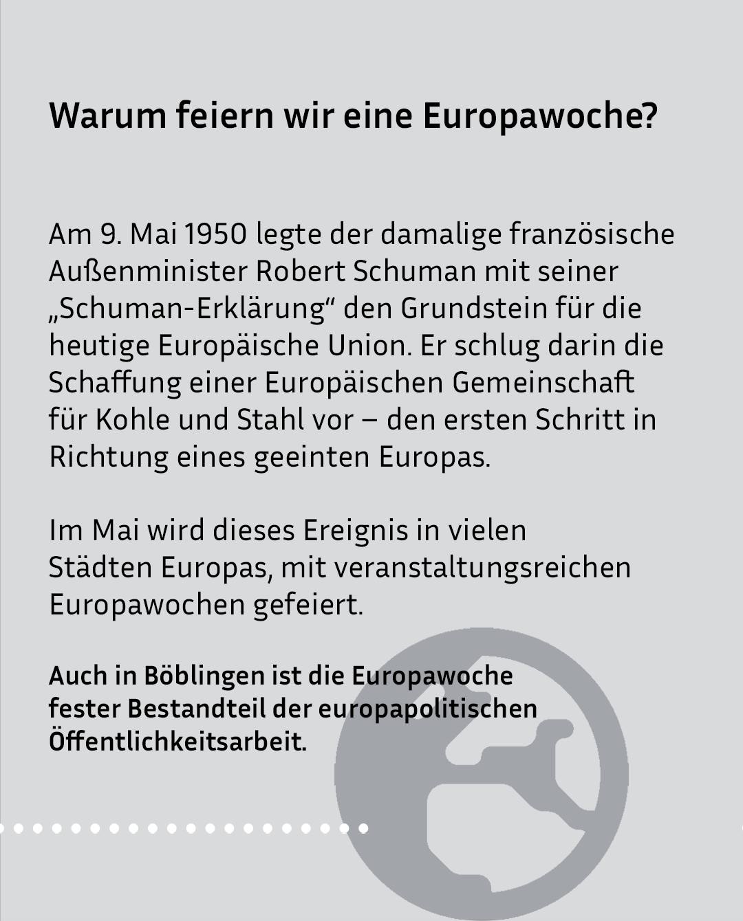 Dieser Alternativtext wurde KI-generiert: Schwar-weißes Bild mit Text über die Europawoche und die Schuman-Erklärung. Ein Europakreis-Logo ist am unteren Rand zu sehen.