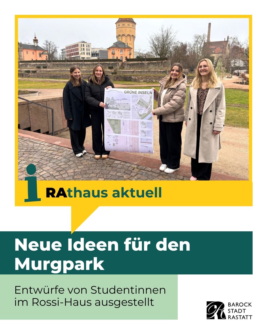 Dieser Alternativtext wurde KI-generiert: Eine farbenfrohe Aufnahme zeigt Personen, die ein großes Papier oder eine Karte halten und zeigen. Im Hintergrund ist eine Stadtansicht mit Gebäuden und Bäumen zu sehen.