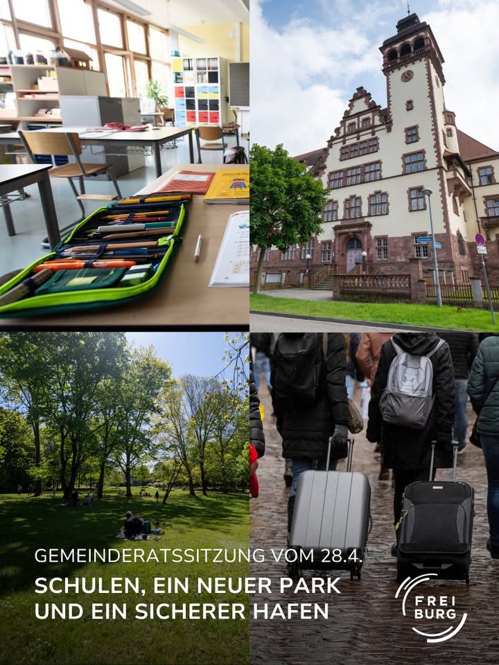 Dieser Alternativtext wurde KI-generiert: Eine Collage zeigt verschiedene Ansichten: Innenräume, Gebäude und eine Landschaft. Das Bild ist vertikal in vier Abschnitte unterteilt und in Schwarz-Weiß sowie Farbe gehalten.