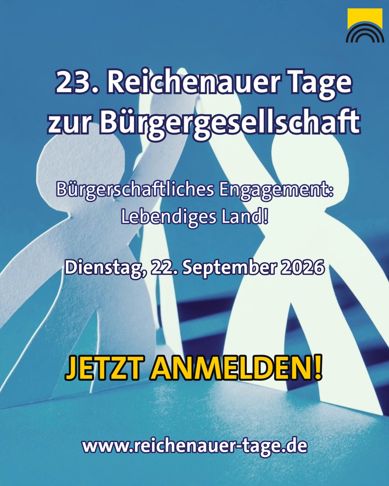 Dieser Alternativtext wurde KI-generiert: Ein farbenfrohes Plakat kündigt eine Veranstaltung mit dem Thema bürgerschaftliches Engagement an. Es enthält Textinformationen zu Datum, Thema und einer Website-Adresse.