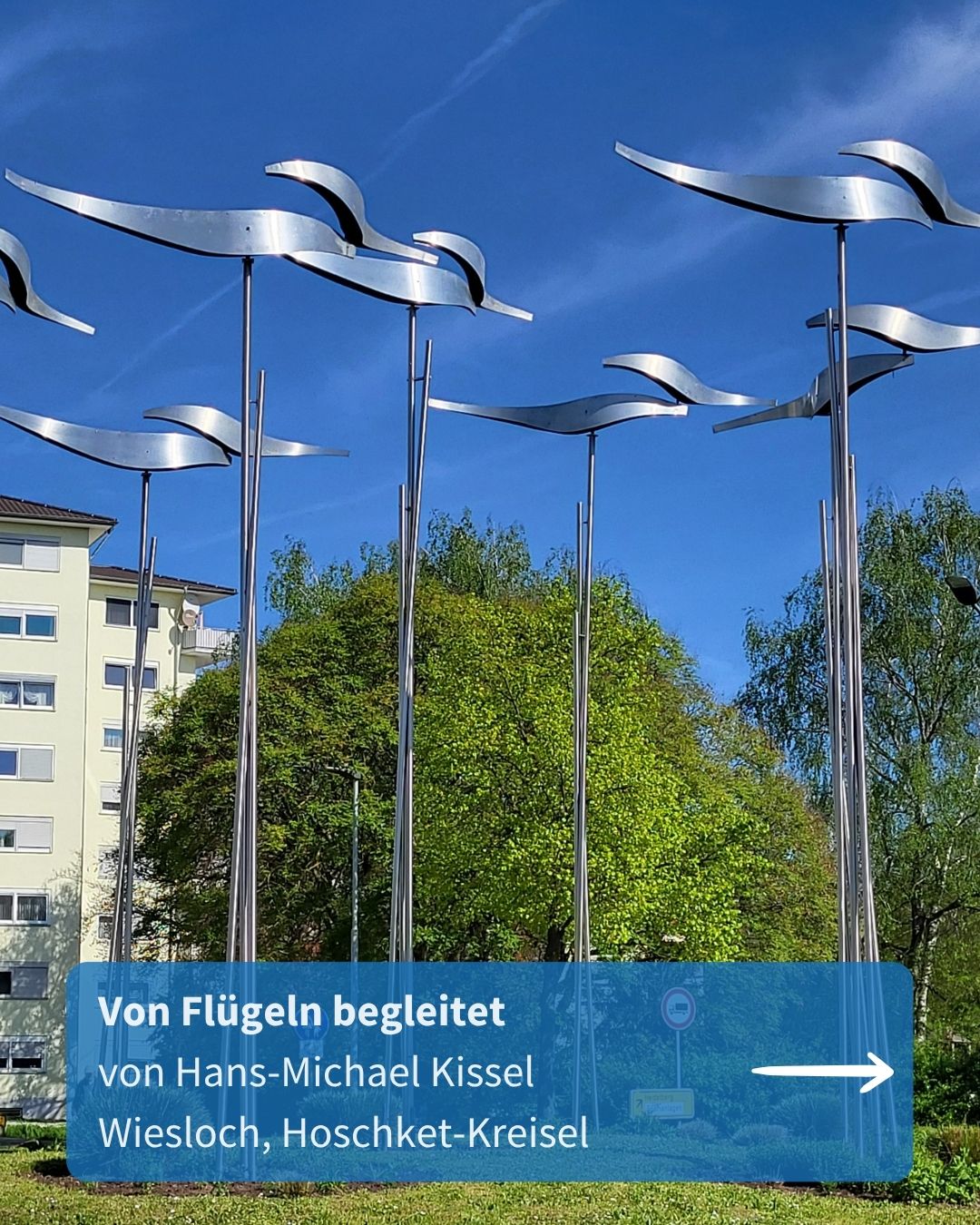 Mehrere metallene Skulpturen in Form von fliegenden Vögeln auf hohen Stangen vor blauem Himmel, grünen Bäumen und einem Wohngebäude. Ein blauer Textfeld-Overlay nennt den Titel „Von Flügeln begleitet“, den Künstler Hans-Michael Kissel und den Ort Wiesloch, Hoschket-Kreisel. (KI-Alternativtext)
