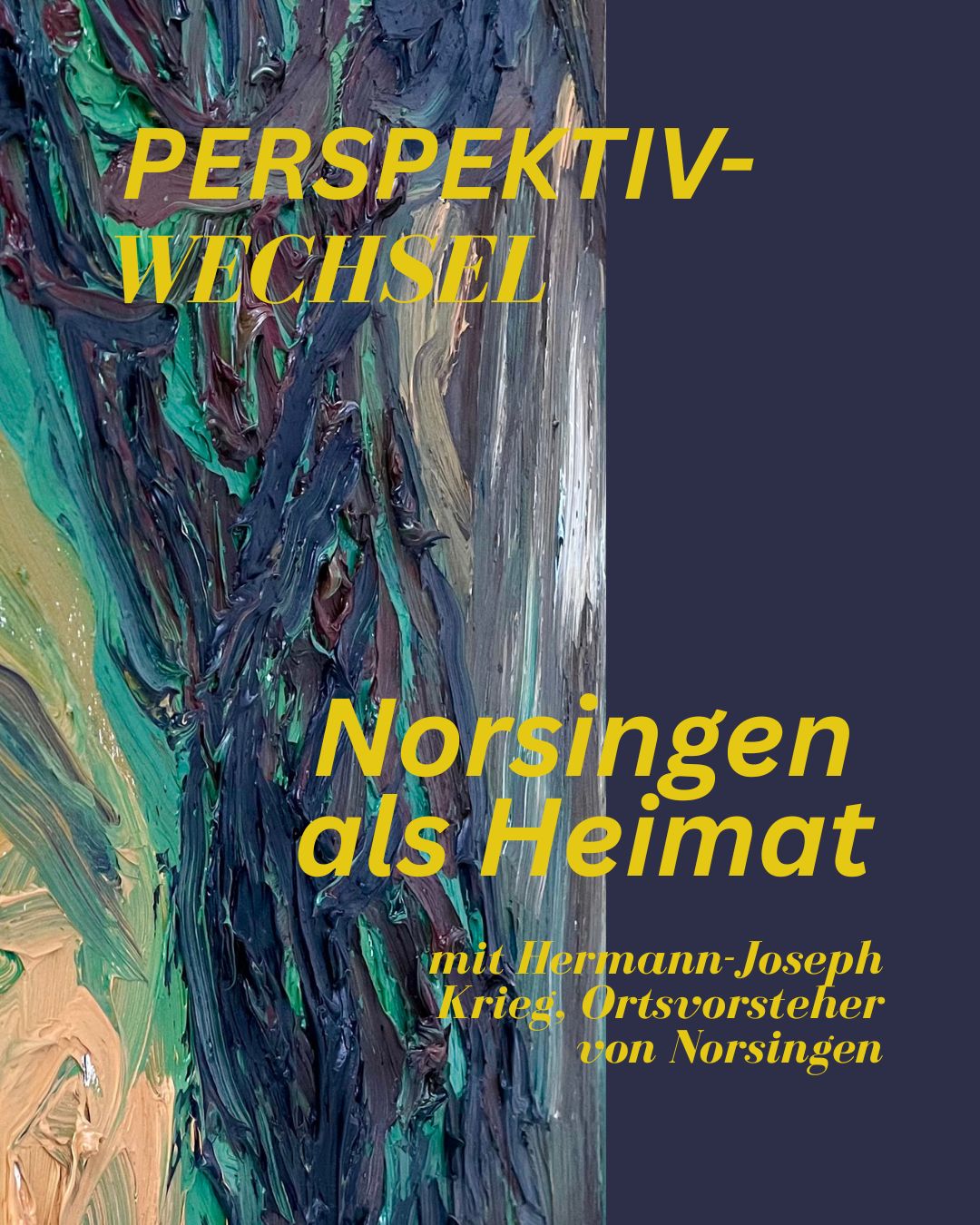 Dieser Alternativtext wurde KI-generiert: Abstrakte Malerei in Blau- und Grüntönen dient als Hintergrund für weißen Text. Der Text enthält Ortsnamen und eine weitere Inschrift.
