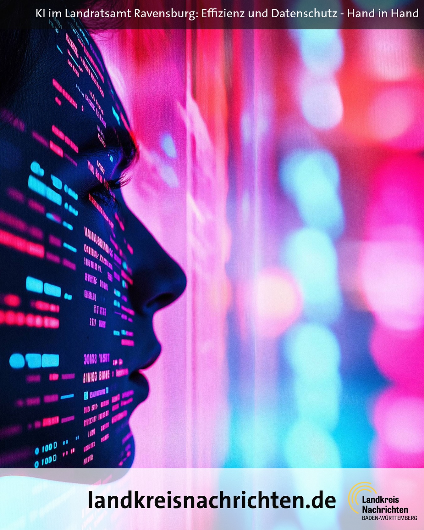 Dieser Alternativtext wurde KI-generiert: Abstraktes Bild in Violett- und Rosatönen, das ein Gesicht mit digitaler Datenmatrix andeutet. Im unteren Bildbereich befindet sich ein Logo und eine Webadresse.