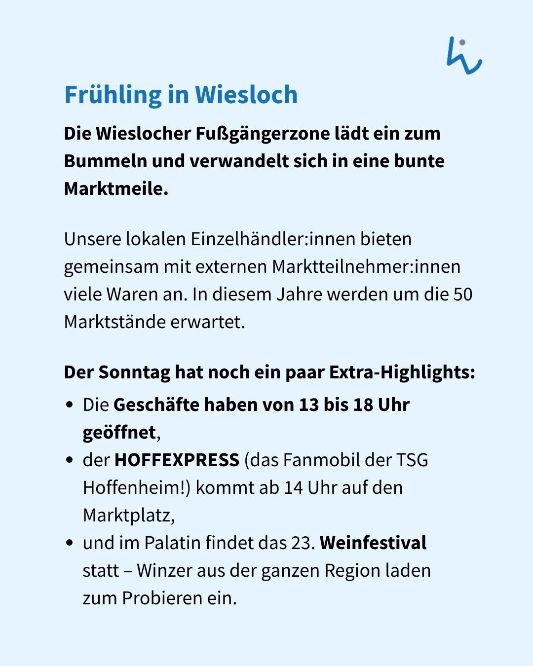 Dieser Alternativtext wurde KI-generiert: Schwarz-weißes Bild mit Text, der eine Veranstaltung in Wiesloch bewirbt. Der Text kündigt einen Markt mit lokalen Händlern und zusätzlichen Highlights an.