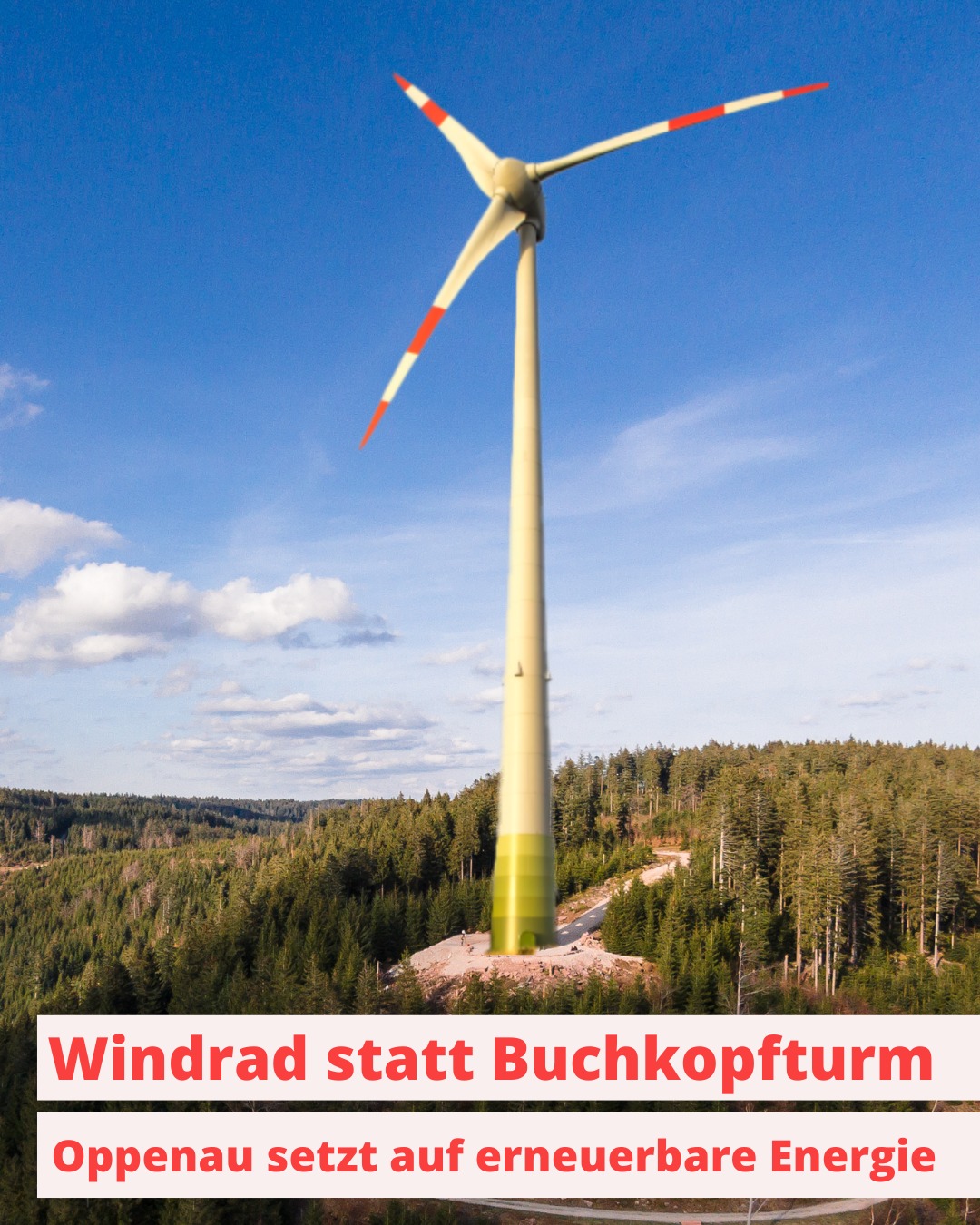 Ein Windrad steht inmitten eines Waldes. Es wird saubere Energie erzeugt.
