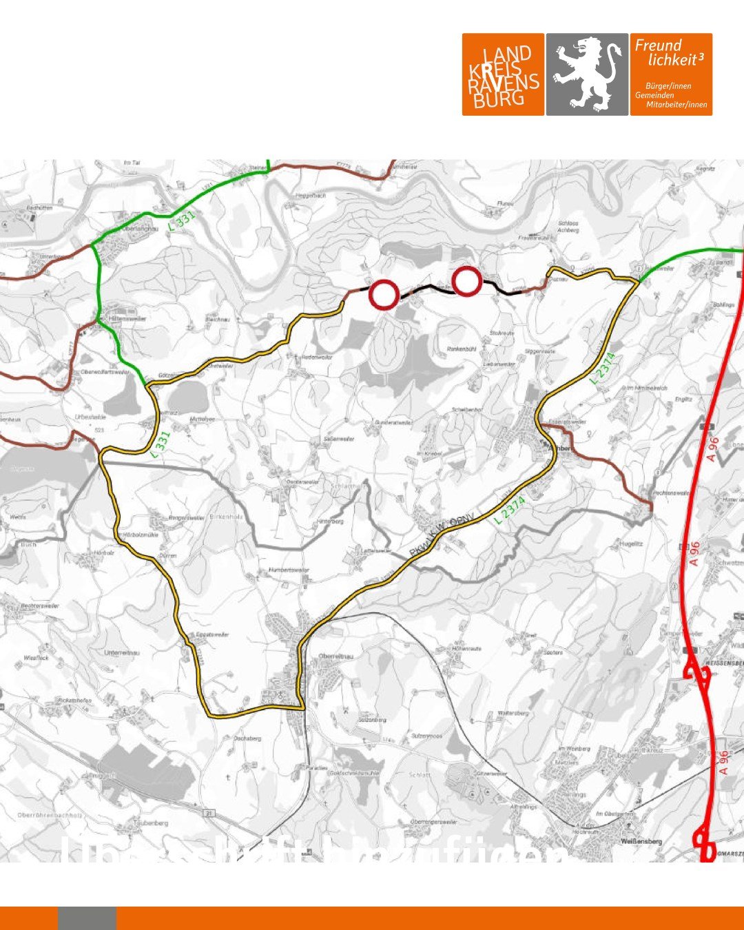 Eine Karte zeigt ein Gebiet mit eingezeichneten Straßen, Wegen und einigen Ortschaften. Auf der Karte sind außerdem Gewässer und topografische Details zu erkennen.