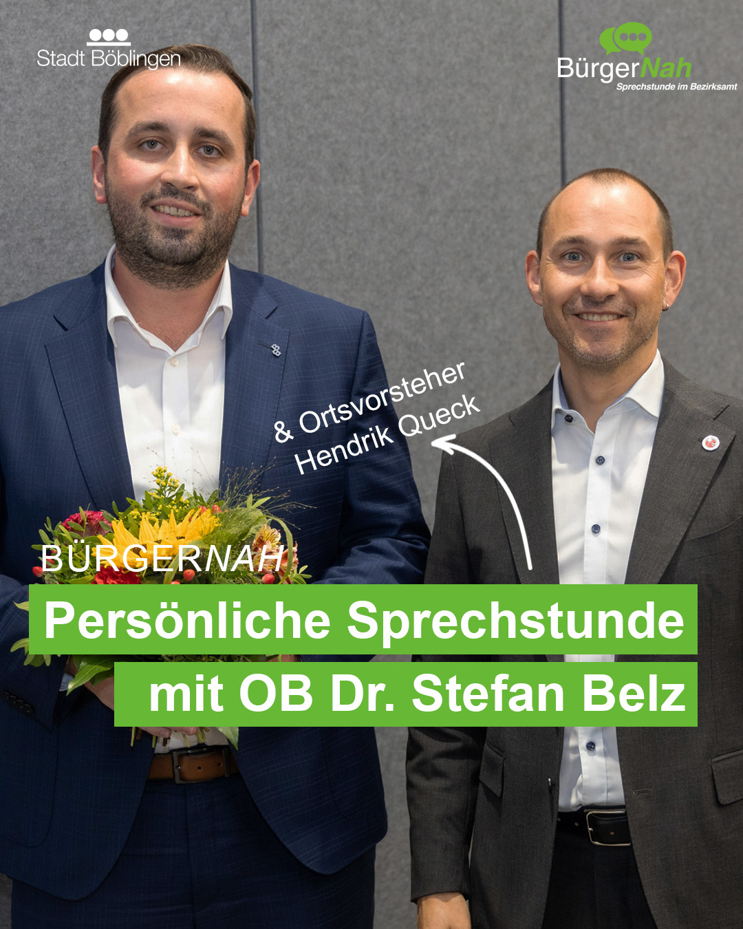 Dieser Alternativtext wurde KI-generiert: Ein farbiges Porträt zeigt zwei Personen in formeller Kleidung vor einer hellen Wand. Text auf dem Bild bewirbt eine persönliche Sprechstunde.