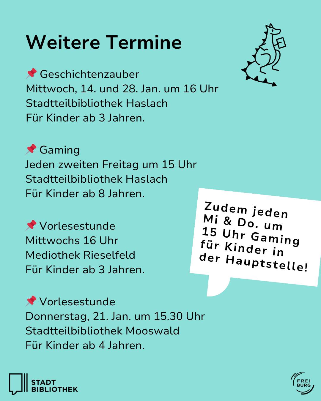 Dieser Alternativtext wurde KI-generiert: Ein Werbeflyer für verschiedene Termine in Bibliotheken. Es werden Angebote für Kinder ab drei und vier Jahren, wie Vorlesestunden und Gaming, angekündigt.