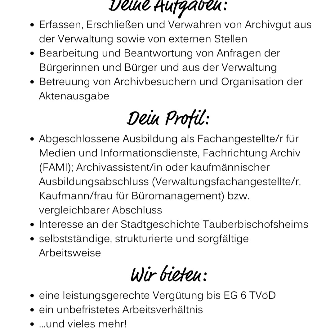 Dieser Alternativtext wurde KI-generiert: Schwarz-weißes Bild mit Textlisten. Es handelt sich um eine Stellenanzeige, die Aufgaben, Anforderungen und Angebote beschreibt.