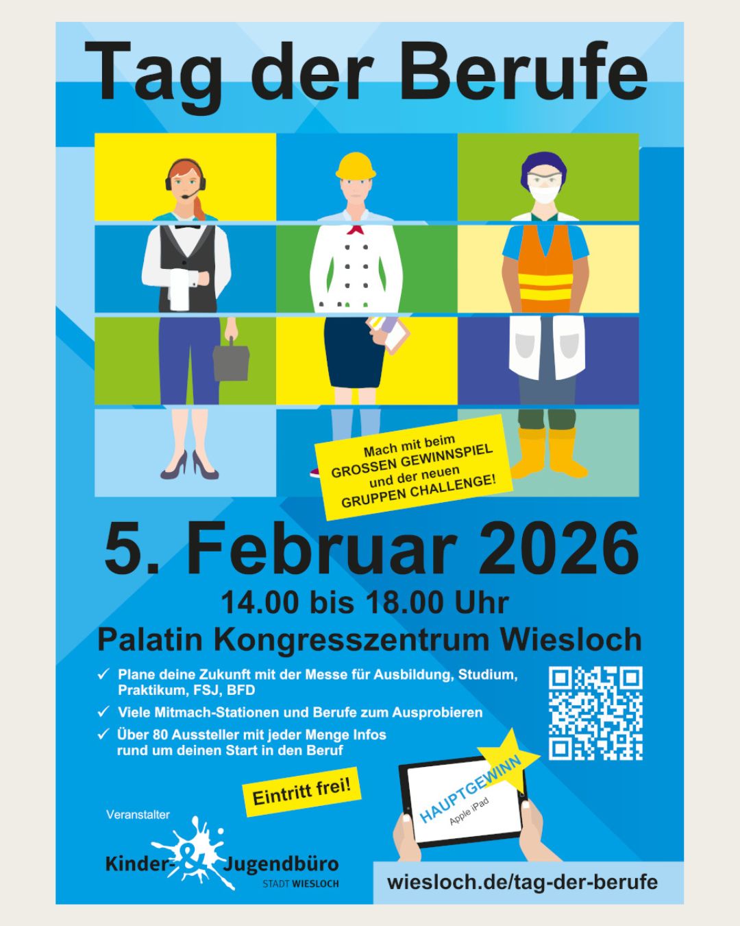 Dieser Alternativtext wurde KI-generiert: Ein farbenfrohes Plakat bewirbt eine Messe für Ausbildung, Studium und Beruf. Es enthält Text, ein Datum, Logos und stilisierte Darstellungen von Personen in Arbeitskleidung.