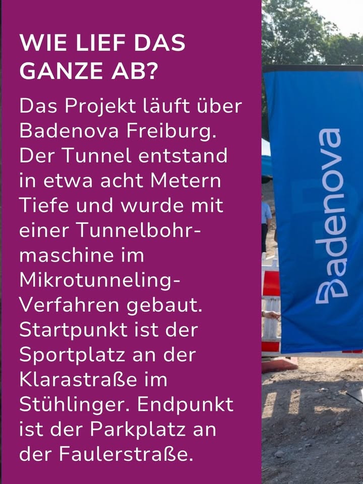 Ein lila Textfeld links mit der Überschrift „WIE LIEF DAS GANZE AB?“ beschreibt ein Tunnelprojekt von Badenova Freiburg. Der Tunnel wurde in acht Metern Tiefe im Mikrotunneling-Verfahren vom Sportplatz an der Klarastraße bis zum Parkplatz an der Faulerstraße gebaut. Rechts steht ein blaues Banner mit der Aufschrift „Badenova“. (KI-Alternativtext)