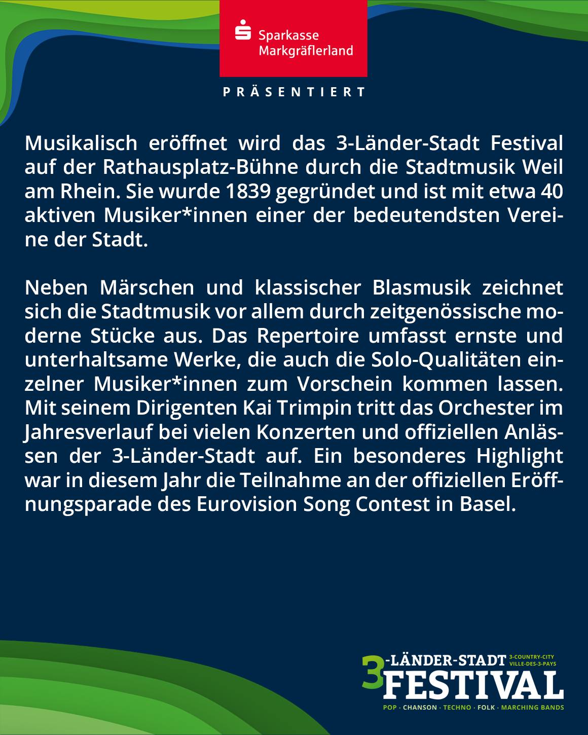 Werbeplakat für das 3-Länder-Stadt Festival. Es enthält Text, inklusive Sponsorenlogos, und Informationen das Festival beträchtlich unterhalb des Logos.