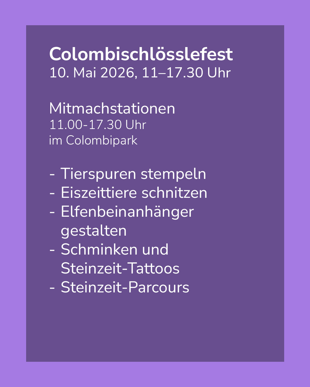 Dieser Alternativtext wurde KI-generiert: Ein violettfarbener Flyer kündigt ein Festival mit verschiedenen Aktivitäten für Kinder an, darunter Bastelstationen und einen Parcours. Es sind Datum, Uhrzeit und Veranstaltungsort aufgeführt.