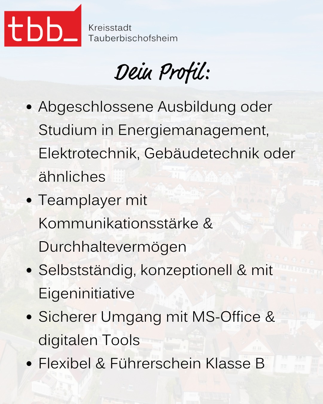 Dieser Alternativtext wurde KI-generiert: Ein farbiges Bild mit einer Stadtlandschaft im Hintergrund. Es enthält Text, der Anforderungen für eine Bewerbung auflistet.