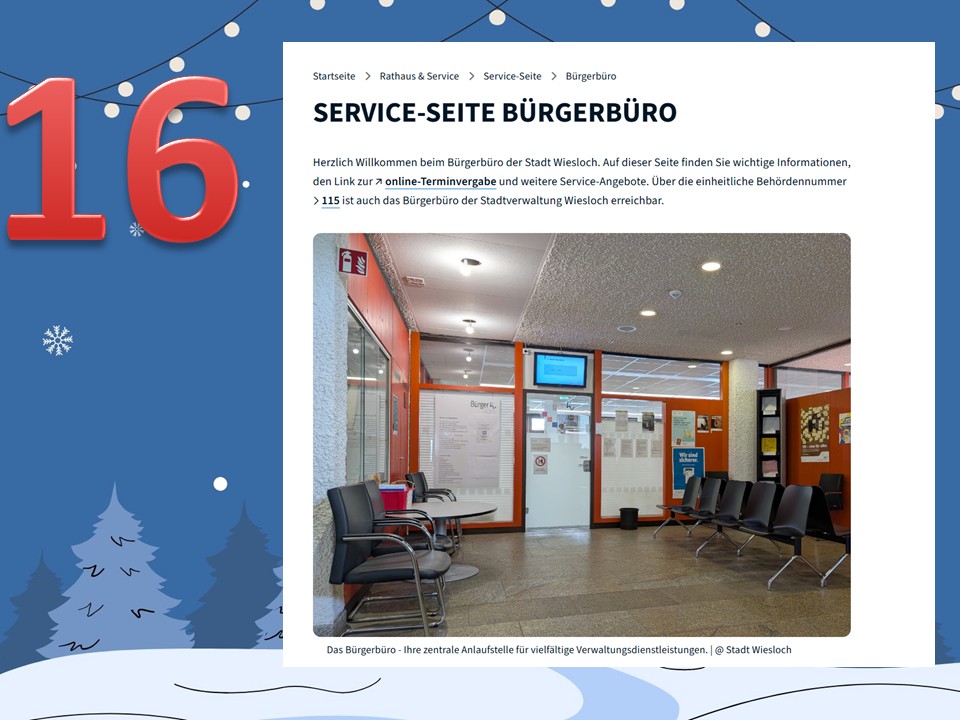 Dieser Alternativtext wurde KI-generiert: Ein digitales Bild zeigt den Eingangsbereich eines Bürgerbüros. Es ist mit winterlichen Elementen wie Schnee und einer großen Zahl dekoriert.