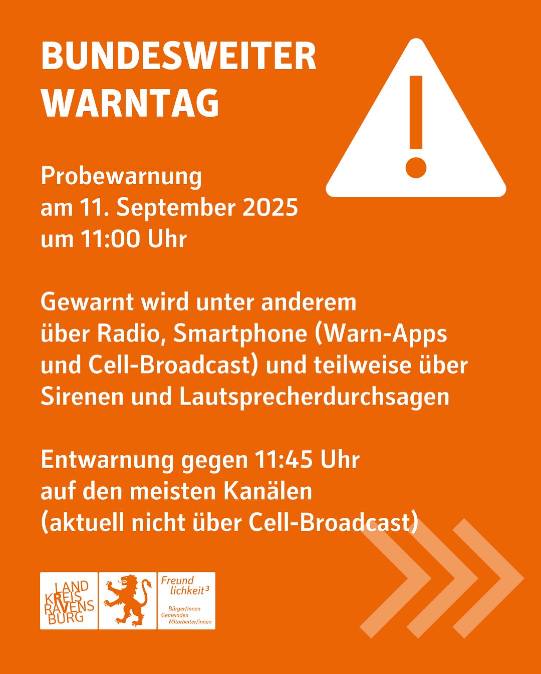 Dieser Alternativtext wurde KI-generiert: Graues Plakat mit rotem Warnhinweis und einem gelben Warndreieck. Es informiert über eine Probe-Warnung der Bundeswehr am 11. September 2025 um 11:00 Uhr.
