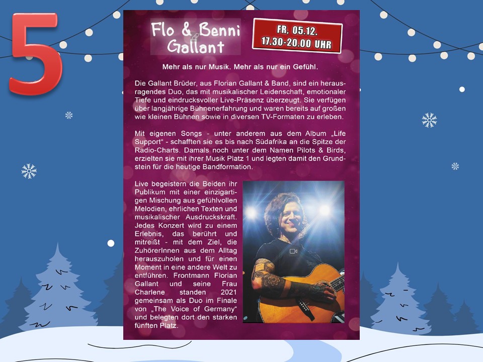 Dieser Alternativtext wurde KI-generiert: Ein farbenfrohes Plakat mit Text bewirbt eine Live-Performance. Es enthält Informationen über eine Musikgruppe und eine Frau, die bei einem Wettbewerb mitgewirkt hat.