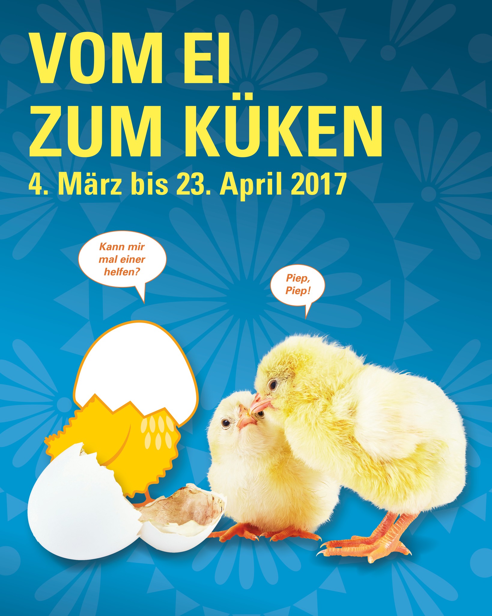 Dieser Alternativtext wurde KI-generiert: Ein farbenfrohes Bild zeigt ein Ei, das aufbricht, und ein kleines Küken. Darüber und darunter stehen Texte mit Datumsangaben und Sprechblasen.