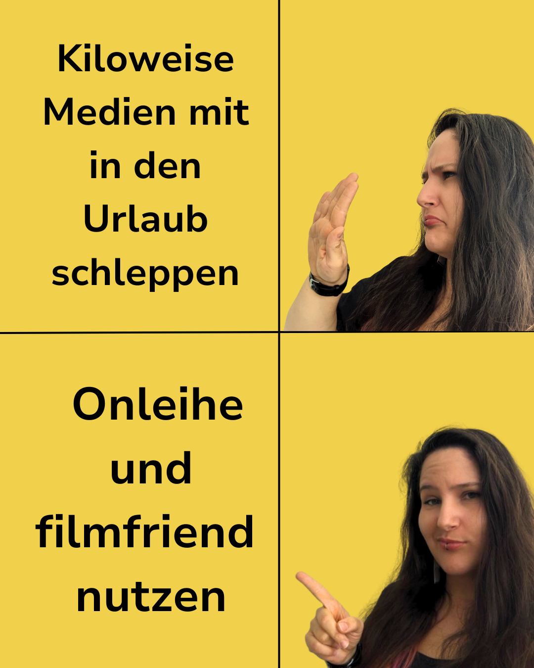 Dieser Alternativtext wurde KI-generiert: Eine Vier-Feld-Meme mit Text und zwei Bildern einer Person. Der Text thematisiert das Mitbringen von Medien in den Urlaub im Gegensatz zur Nutzung von Online-Angeboten.