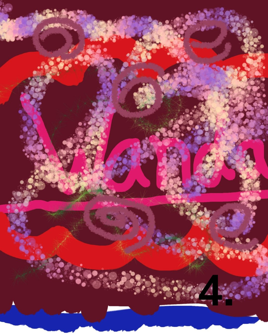Dieser Alternativtext wurde KI-generiert: Abstrakte digitale Kunst in leuchtenden Farben. Der Hintergrund ist rot mit wirbelnden Formen und die Schrift ist in Lila und Rosa gehalten.
