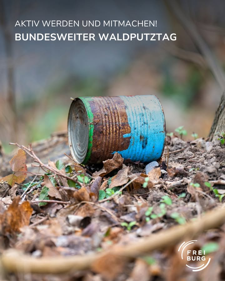 Ein rostiger, teilweise blau angestrichener Konserven- oder Farbdöschen liegt auf dem Waldboden.  Aktion für einen sauberen Wald.