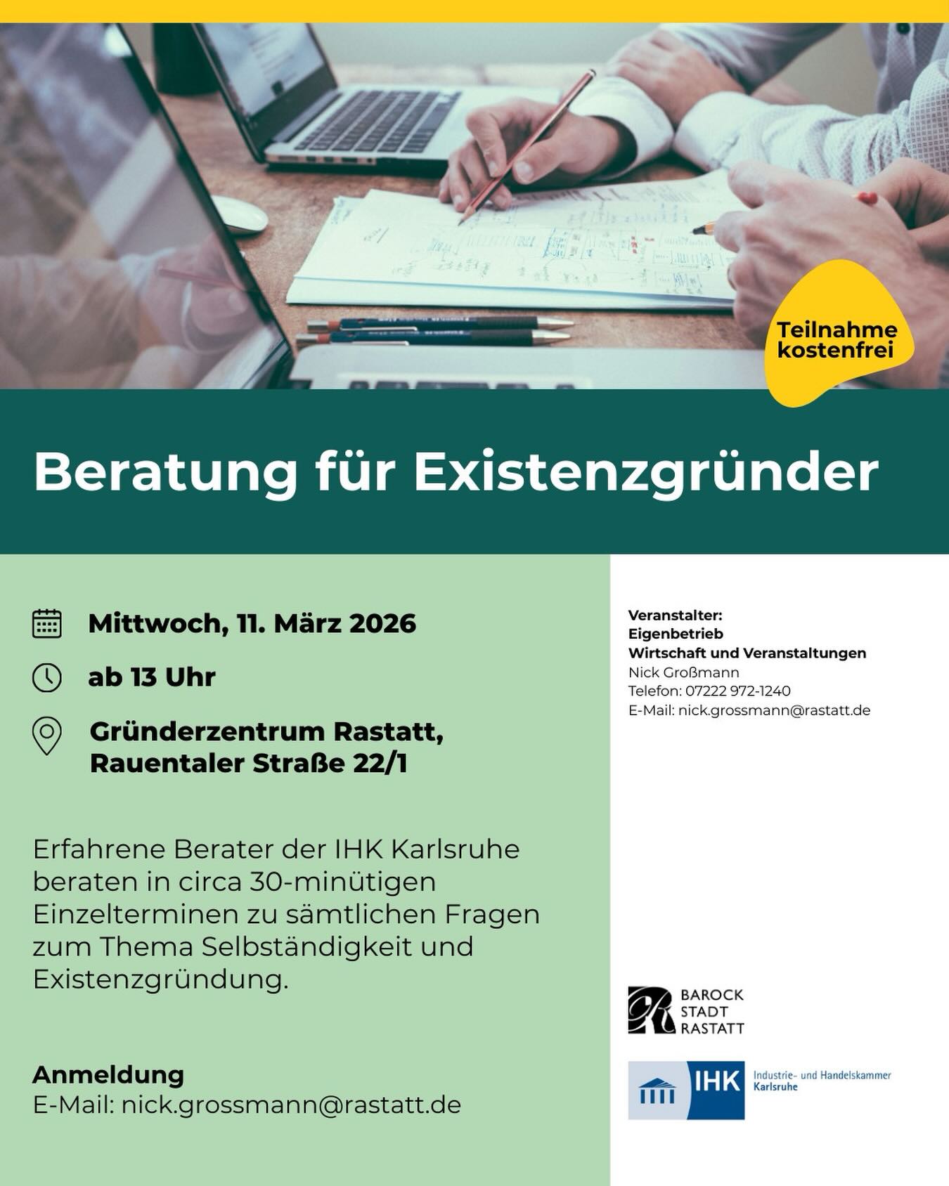 Dieser Alternativtext wurde KI-generiert: Werbeanzeige für eine kostenlose Beratung für Existenzgründer. Das Plakat enthält Informationen zu Datum, Uhrzeit und Ort der Veranstaltung sowie Kontaktinformationen.
