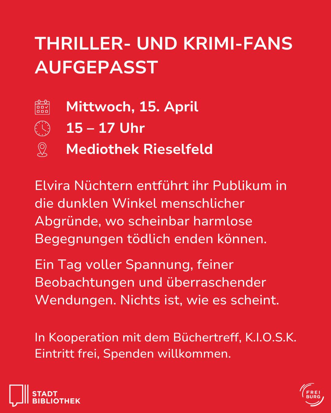 Dieser Alternativtext wurde KI-generiert: Ein Werbeflyer kündigt eine Veranstaltung für Thriller- und Krimi-Fans an. Es sind Datum, Uhrzeit und Veranstaltungsort genannt, sowie eine kurze Beschreibung der Geschichte.