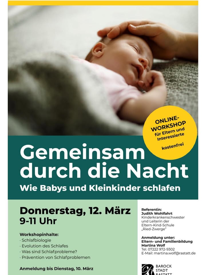 Dieser Alternativtext wurde KI-generiert: Ein farbenfrohes Werbeplakat für einen Online-Workshop zum Thema Schlaf bei Babys und Kleinkindern. Das Bild zeigt eine Person, die ein Baby hält.