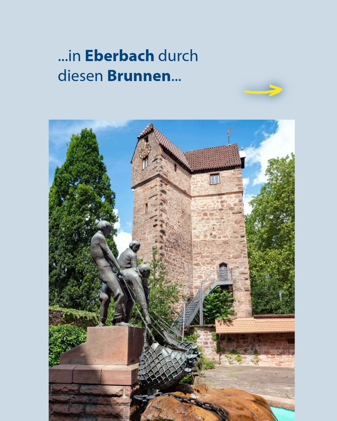 Oben steht der Text "...in Eberbach durch diesen Brunnen..." mit einem gelben Pfeil. Im Vordergrund befindet sich ein Brunnen mit einer Skulptur von drei Personen, die gemeinsam ein schweres Netz aus dem Wasser ziehen. Dahinter erhebt sich ein hoher Steinturm mit einer Uhr vor blauem Himmel. (KI-Alternativtext)