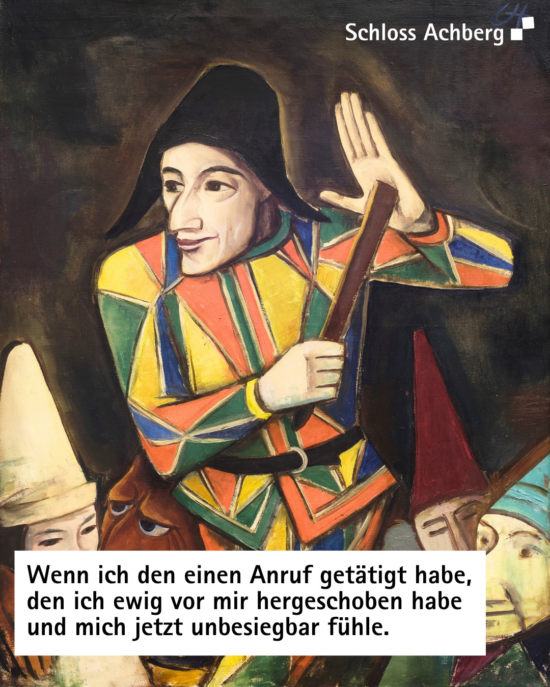 Dieser Alternativtext wurde KI-generiert: Ein farbenfrohes Gemälde zeigt eine Figur in historischer Kleidung mit erhobener Hand. Im Vordergrund befindet sich ein Textzitat.