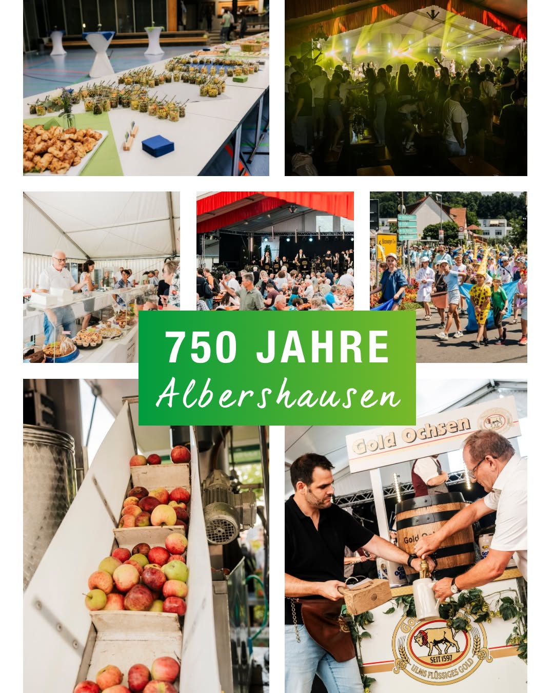 Dieser Alternativtext wurde KI-generiert: Eine Collage zeigt verschiedene Ansichten eines belebten Marktes mit Ständen voller Lebensmittel und Getränke. Im Vordergrund befindet sich eine Gedenktafel mit der Zahl 750 und einem Ortsnamen.