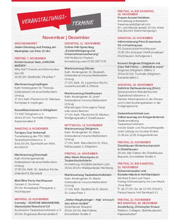 Dieser Alternativtext wurde KI-generiert: Schwarz-weißes Plakat mit Veranstaltungshinweisen für November und Dezember. Es enthält Termine und Orte verschiedener Veranstaltungen, inklusive Kirchenveranstaltungen und Konzerten.