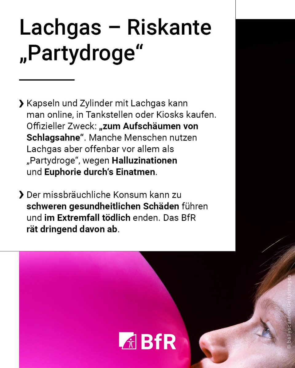 Hinweis - Der folgende Text wurde automatisch generiert: Bild zeigt eine Person, die an einem rosa Luftballon zieht. Es könnte sich um eine Warnung vor Lachgasmissbrauch handeln.