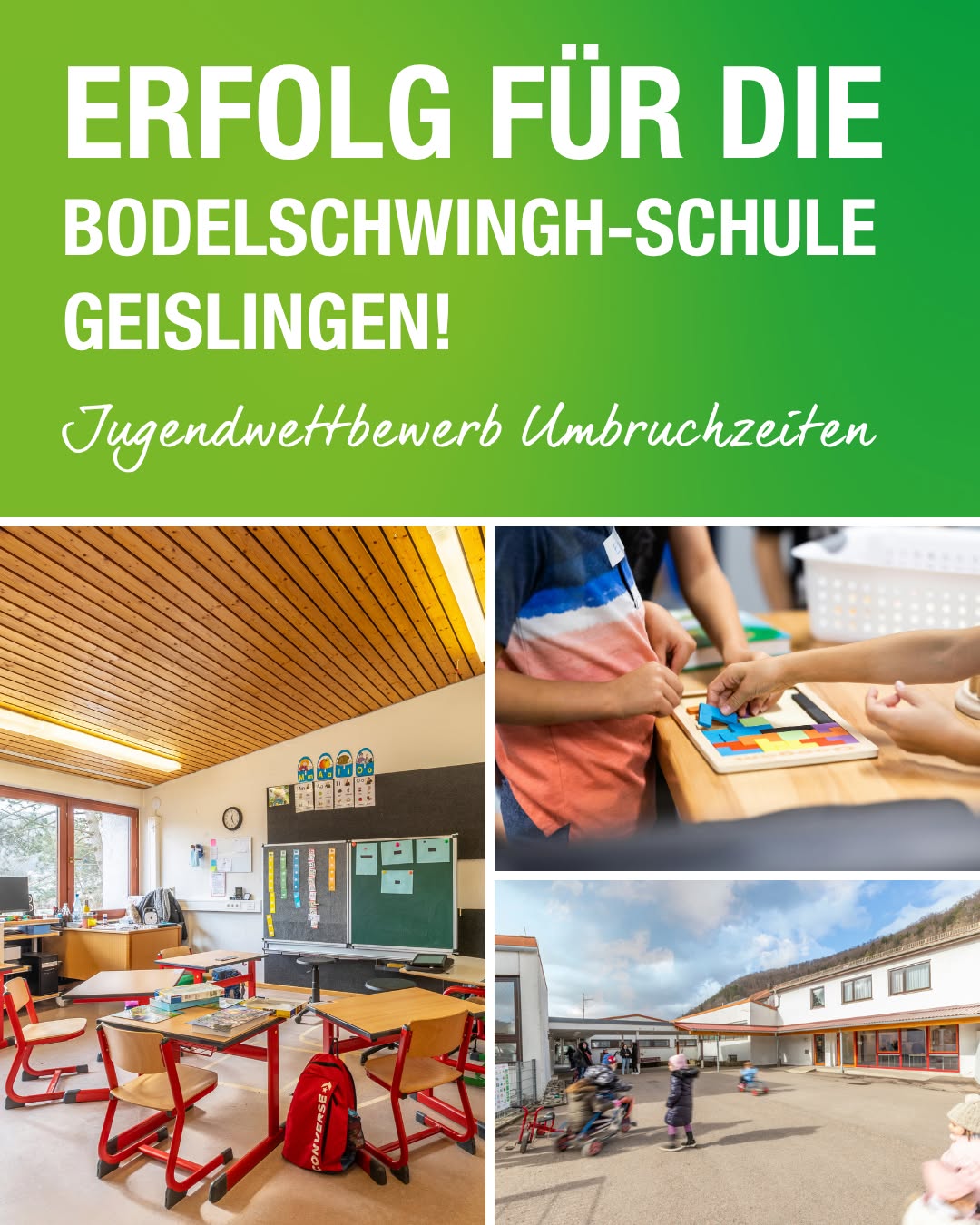 Erfolg für die Bodelschwingh-Schule Geislingen im Jugendwettbewerb „Umbruchzeiten“. Klassenzimmer mit Tafel und Schultischen, Kinder beim Puzzeln und Schulhof mit spielenden Kindern vor dem Schulgebäude. (KI-Alternativtext)