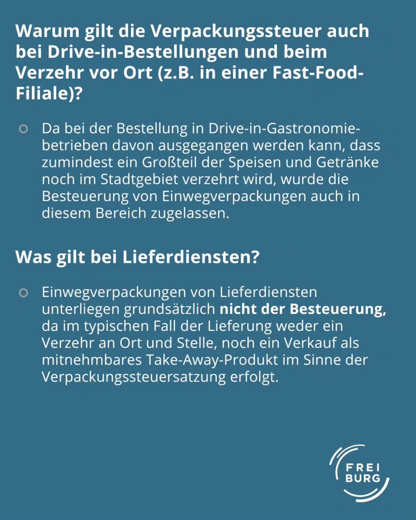 Dieser Alternativtext wurde KI-generiert: Ein farbiges Bild mit Text zu Verpackungssteuer bei Bestellungen. Es werden Fragen und Antworten zum Thema Besteuerung von Verpackungen bei verschiedenen Bestellmethoden gegeben.