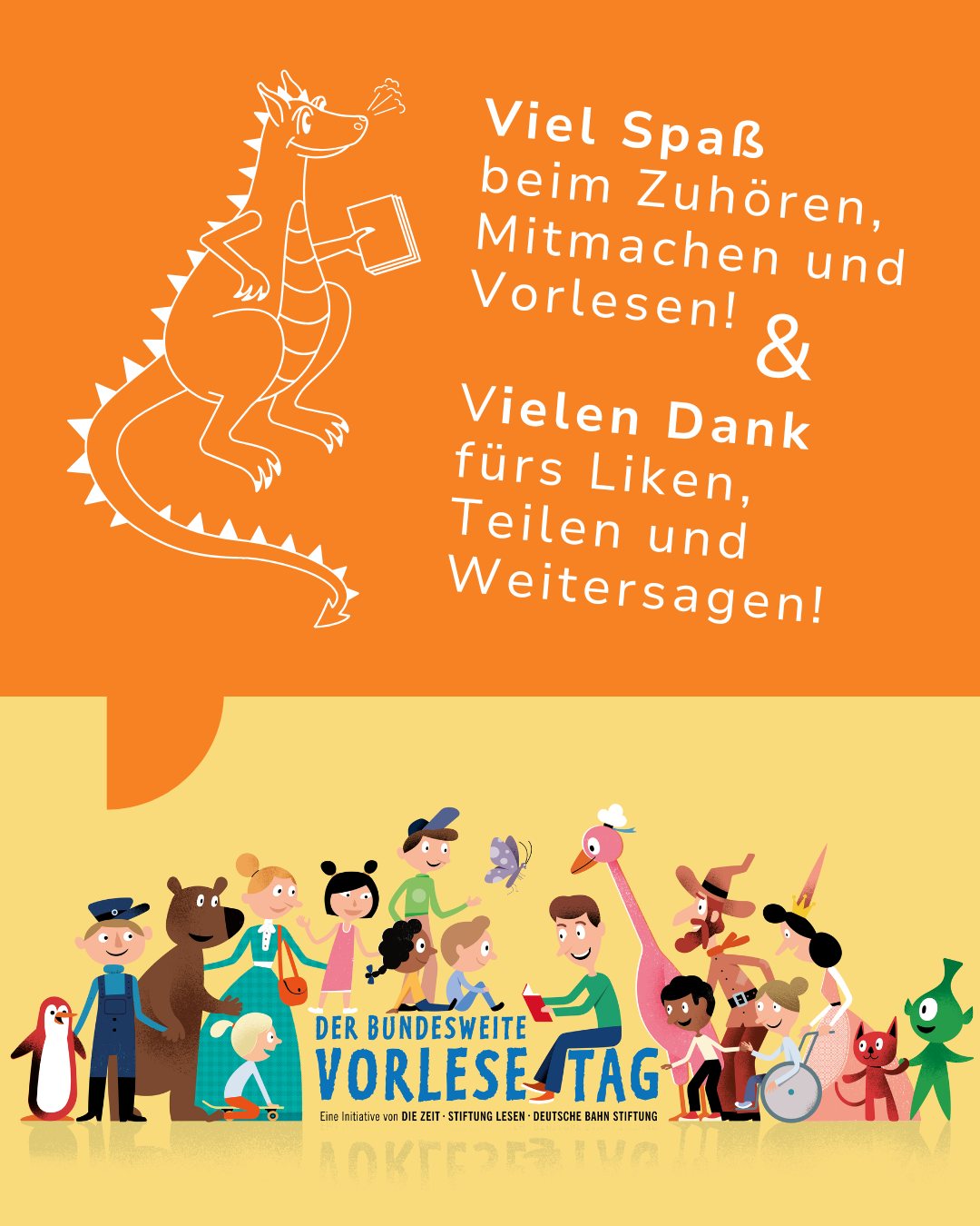 Dieser Alternativtext wurde KI-generiert: Farbenfrohes, illustriertes Plakat mit Text und Figuren. Der obere Teil ist orange, der untere zeigt eine Gruppe von Menschen und Tieren.