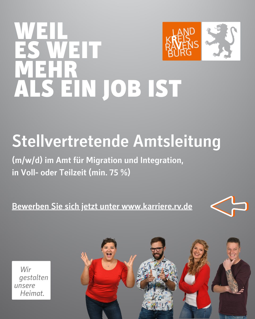 Eine Anzeige für eine stellvertretende Amtsleitung im Amt für Migration und Integration mit vier Menschen, die sich zugehörig fühlen.