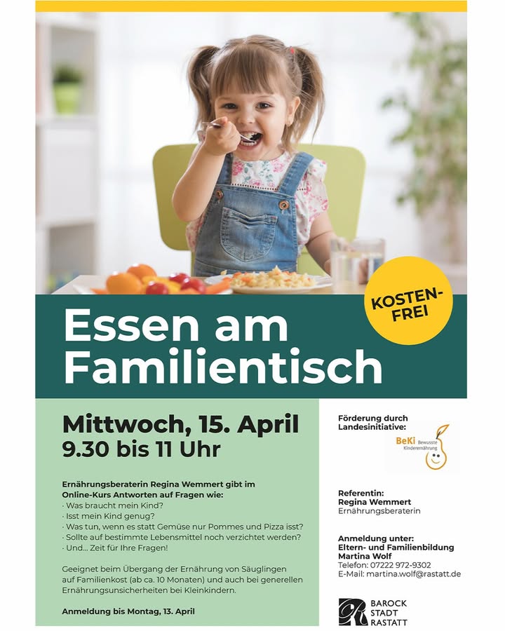 Dieser Alternativtext wurde KI-generiert: Schwarz-weißes Werbeplakat für einen kostenlosen Online-Kurs zum Thema Ernährung am Familientisch. Ein Kind hält Essen in der Hand und lächelt.