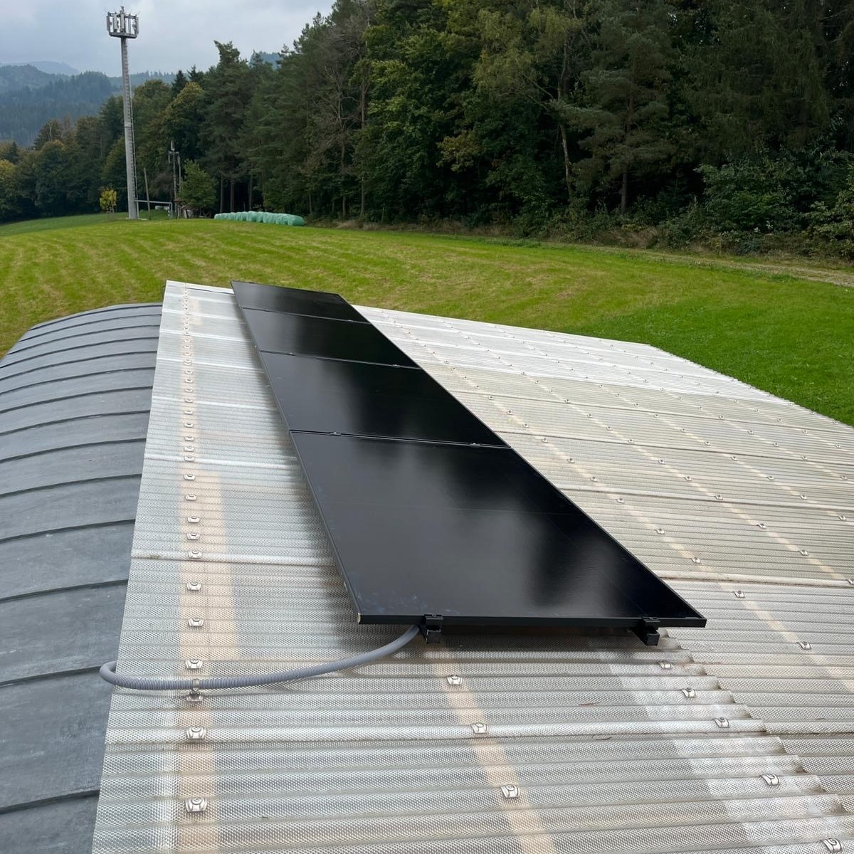 Dieser Alternativtext wurde KI-generiert: Eine Aufnahme zeigt ein wellblech-gedecktes Dach mit Solarmodulen, davor eine Wiese und im Hintergrund Bäume. Das Bild ist farbig.