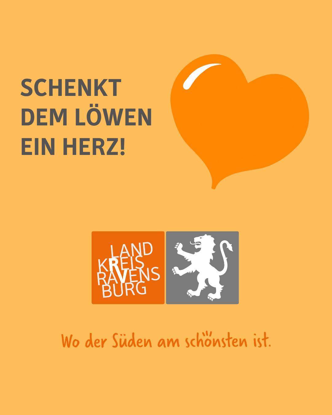 Zu sehen ist das Logo des Landkreises mit dem Spruch Wo der Süden am schönsten ist. Bildtext: Schenkt dem Löwen ein Herz!