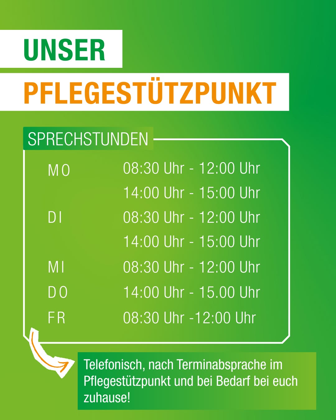 Dieser Alternativtext wurde KI-generiert: Ein farbiges Plakat zeigt Sprechstundenzeiten. Die Zeiten sind nach Wochentagen aufgeführt und beinhalten telefonische Beratung sowie Hausbesuche nach Vereinbarung.