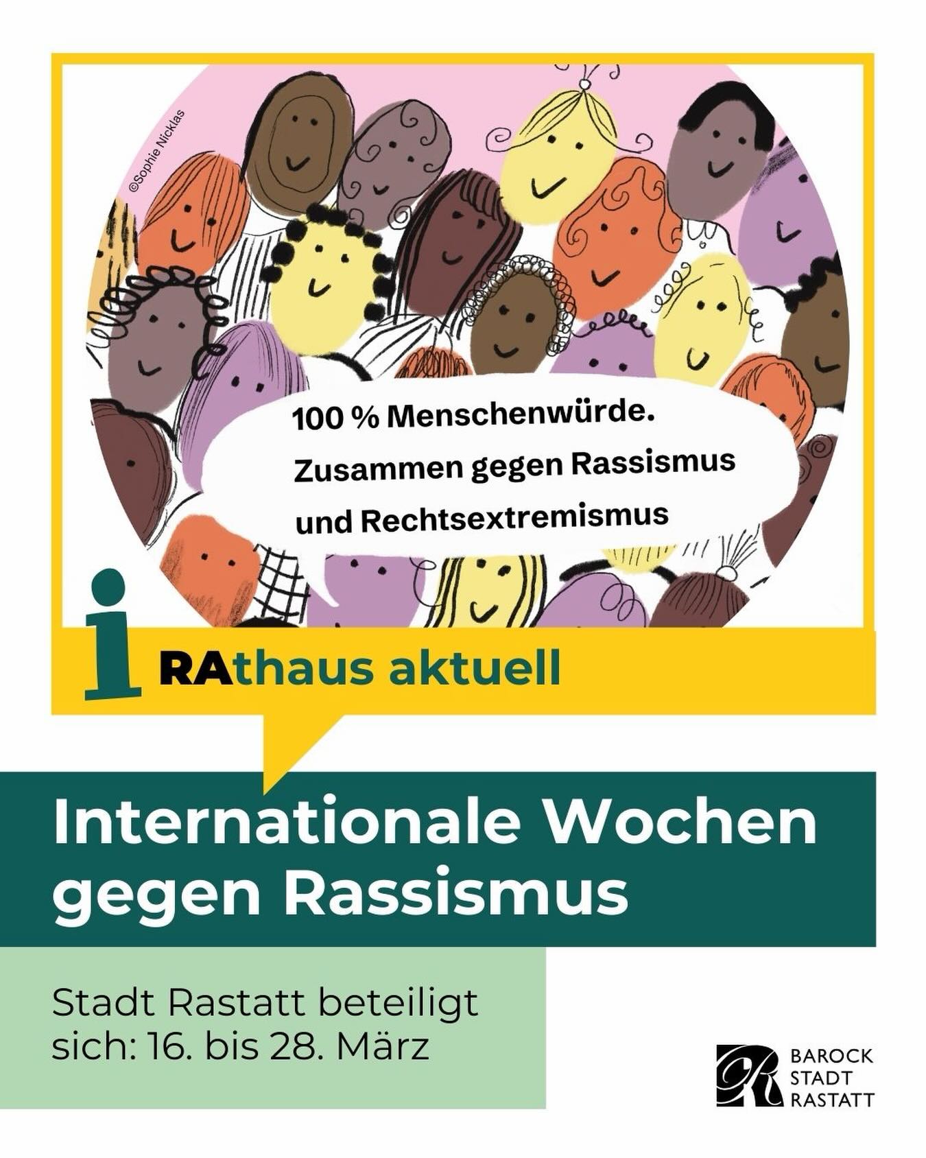 Dieser Alternativtext wurde KI-generiert: Ein farbiges Plakat mit stilisierten Figuren und Text. Es bewirbt die Internationale Woche gegen Rassismus in Rastatt vom 16. bis 28. März.
