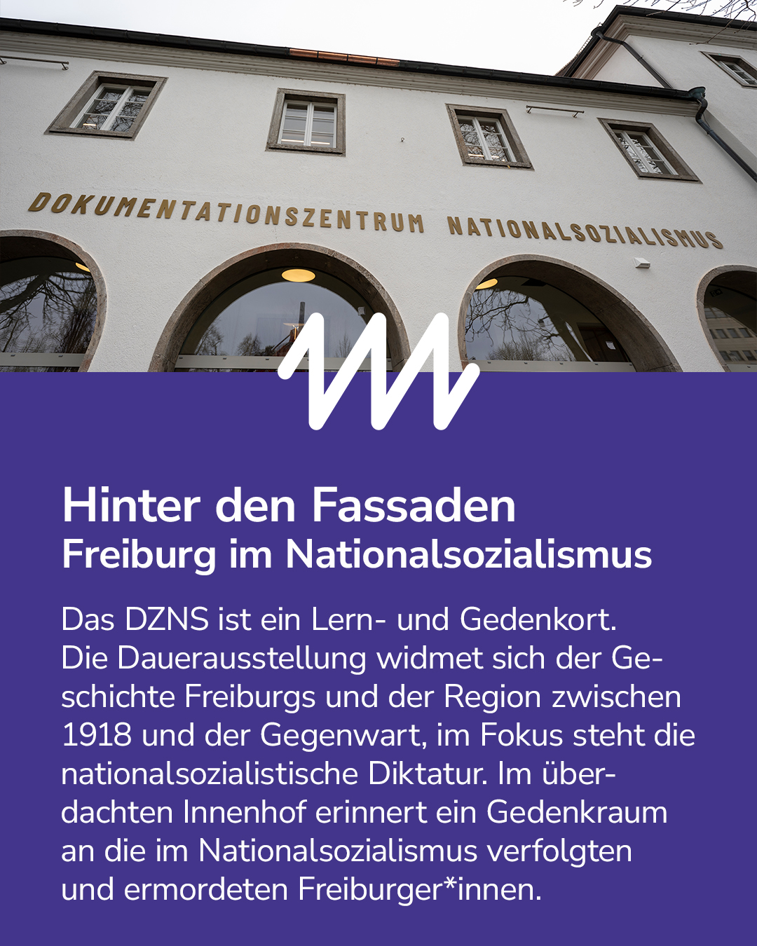 Bild eines Gebäudes mit der Aufschrift: Dokumentationszentrum Nationalsozialismus.  Im Inneren befindet sich eine Dauerausstellung zur Geschichte der Region.