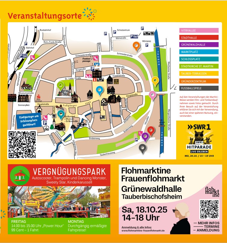 Dieser Alternativtext wurde KI-generiert: Schwarz-weißes Stadtplan-Bild mit Straßen, Parks und einigen Icons. Ein farbiger Abschnitt unten bewirbt verschiedene Veranstaltungen, darunter einen Flohmarkt und einen Vergnügungspark.