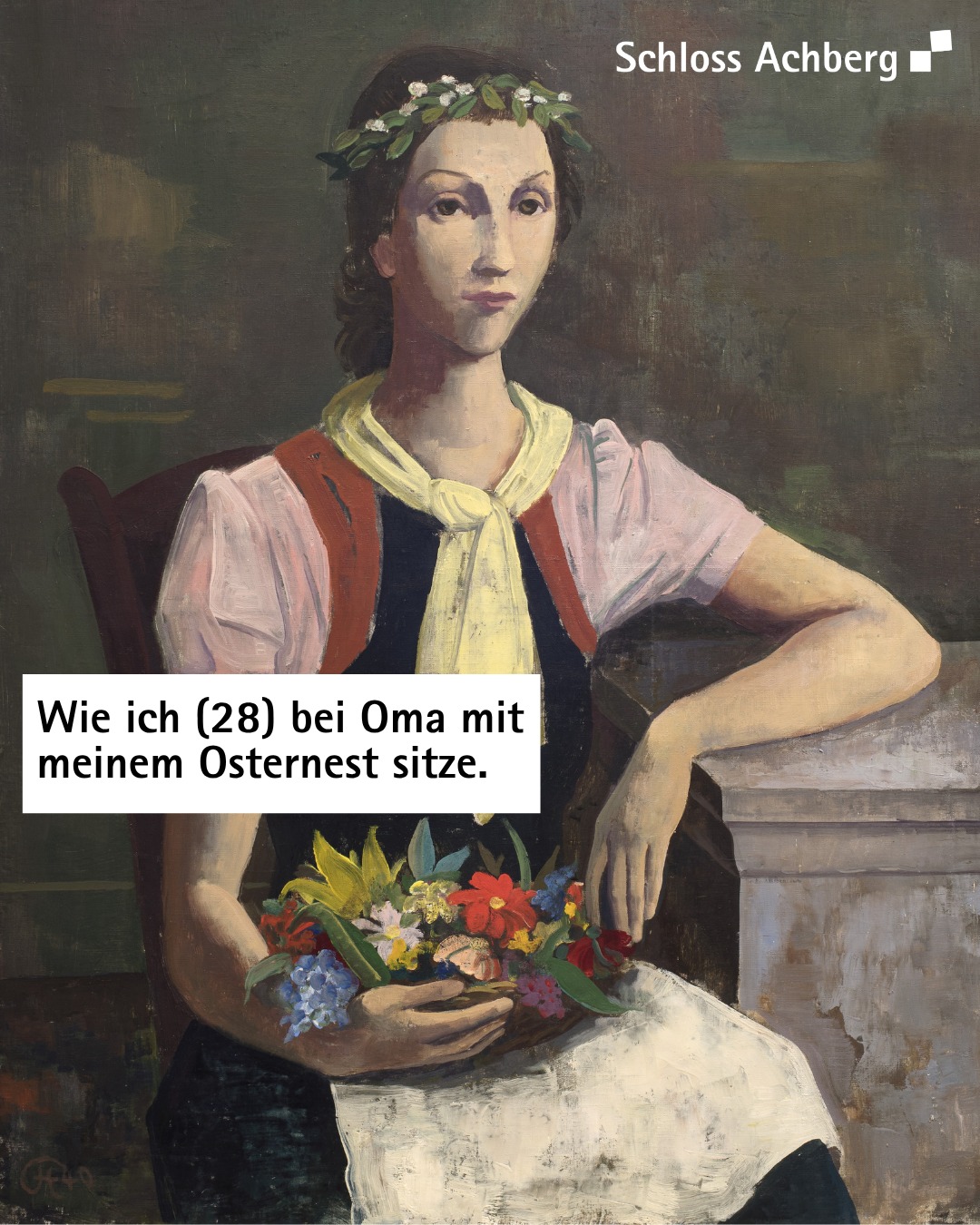 Dieser Alternativtext wurde KI-generiert: Ein Gemälde zeigt eine Person mit Blumen im Haar und einem Blumenstrauß im Schoß. Im Hintergrund ist ein Stuhl und eine verschwommene Landschaft zu sehen.